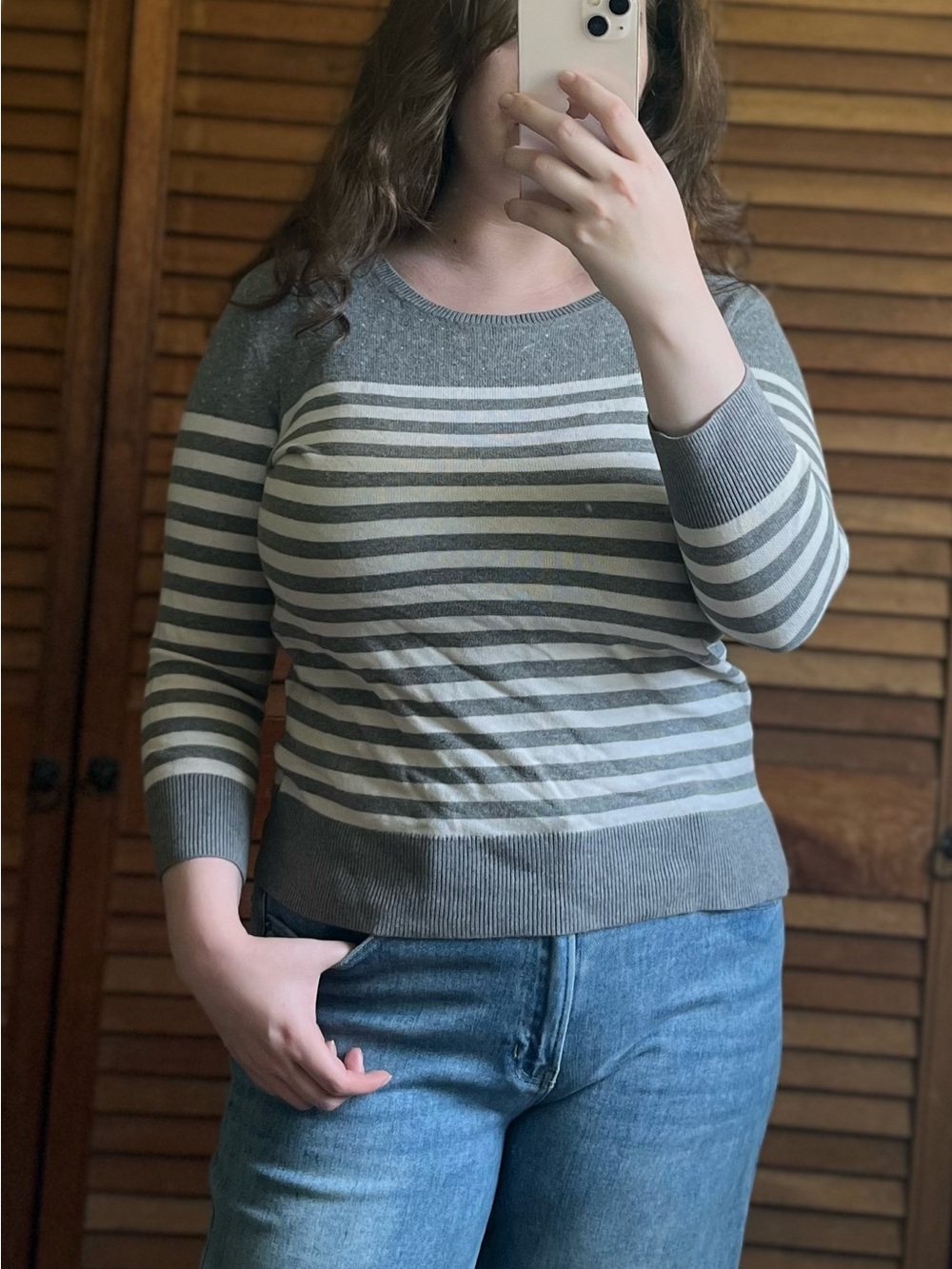 Liz Claiborne Gray & Cream Striped Crewneck Sweater